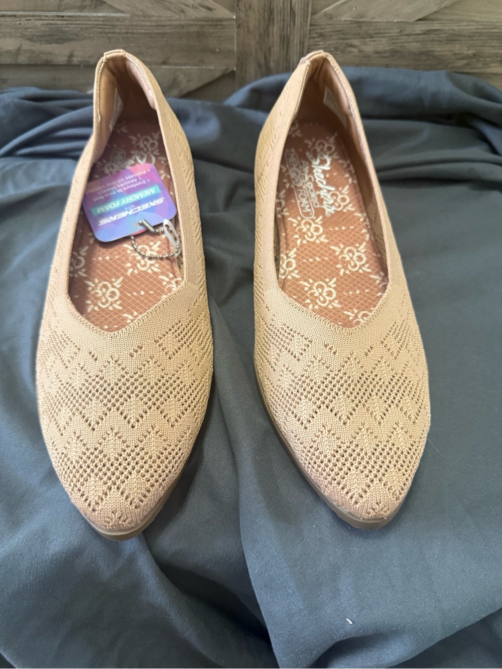 Skechers Women's Tan Knit Pointed-Toe Slip-On Flats with Memory Foam